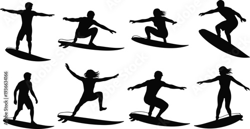 Surfer silhouettes in diverse stances on surfboards, dynamic surfing poses showing balance, motion, and technique for creative vector design illustration