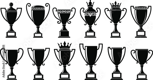 Twelve unique trophy silhouette icons, black award cup designs, ornate crown styles, traditional sports competition victory prize collection, vector illustration graphics