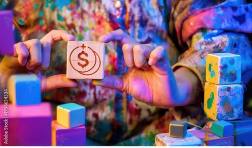 A person holding a block with a dollar sign in a colorful setting