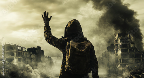 person wearing post-apocalyptic-style , including a gas mask and hood