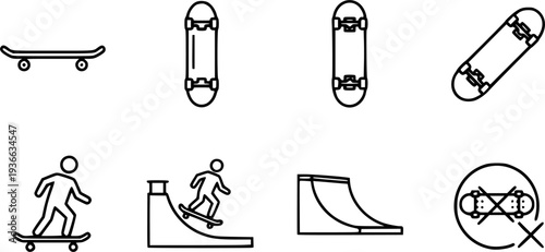 Simple linear skateboard icon: minimalist black and white outline design