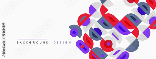 Abstract geometric pattern. Overlapping circles, squares create dynamic visual texture. Purple, red, gray tones dominate design.