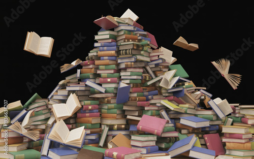 Large disorganized pile of multicolored books falling down black background with floating pages On Valentine's day