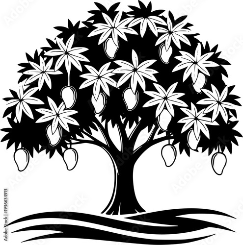 Black silhouette shows a leafy mango tree bearing ripe fruit on fertile land