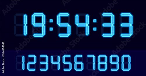 Digital glowing clock. LCD numbers for a electronic devices, clocks, calculators, and scoreboard interfaces. Countdown timer with blue backlight. Vector illustration.