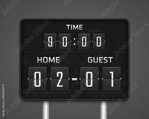 Sports mechanical flip scoreboard. Classic scoreboard numbers for sports events, airports, alarm timers, date displays, and countdowns. Vector illustration.