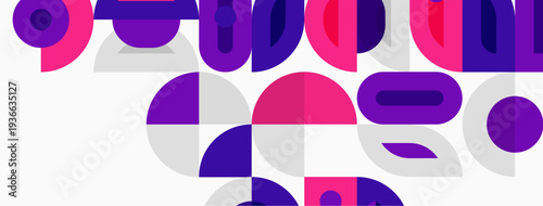 Abstract geometric shapes, circles, squares, overlapping forms. Pink, purple, white color scheme creates modern design. Minimalist aesthetic.
