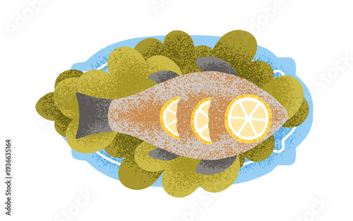 Whole fish dish with lemon slices and herbs served on plate. Top view, seafoo...