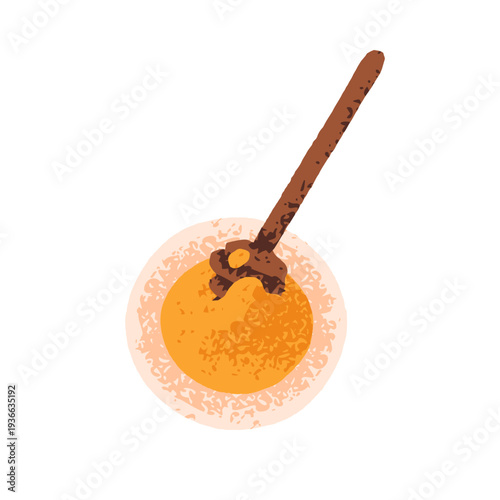 Honey dipper. Wooden stick, utensil with sweet golden syrup drop. Wood spoon ...