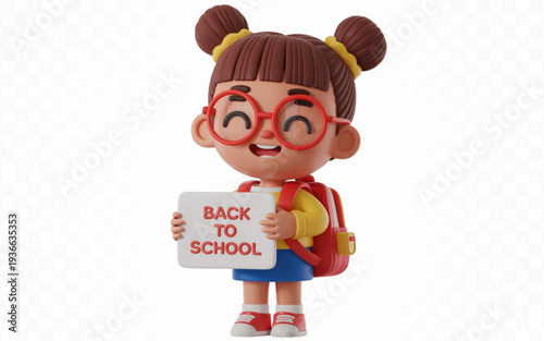 Cute little girl with glasses and backpack holding a back to school sign white background On Valentine's day