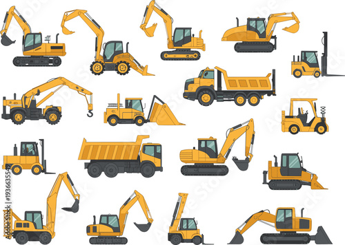 Construction machinery collection including excavators, dump trucks, loaders, bulldozers and forklifts isolated on white background vector illustration set