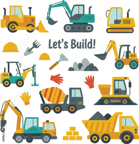 Cute construction machinery illustration with excavators, dump trucks, helmets and tools, Let’s Build concept vector isolated background
