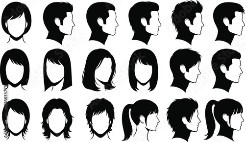 Twenty hairstyle silhouette icons, black vector head shapes, male and female haircuts, ponytails, bangs, layered styles, diverse fashion illustration graphics