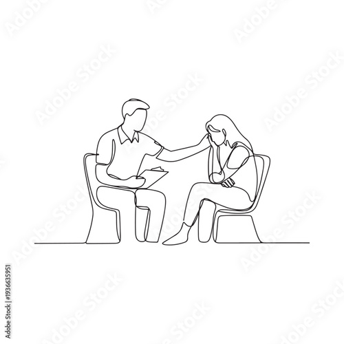 A continuous line drawing depicts a therapy session between a counselor and patient