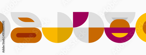 Abstract geometric shapes form colorful letters spelling sauce. Design utilizes warm tones, beige background. Minimalist style.