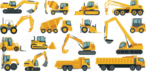 Heavy construction vehicles collection with excavators, cranes, bulldozers, loaders and dump trucks isolated on white vector illustration