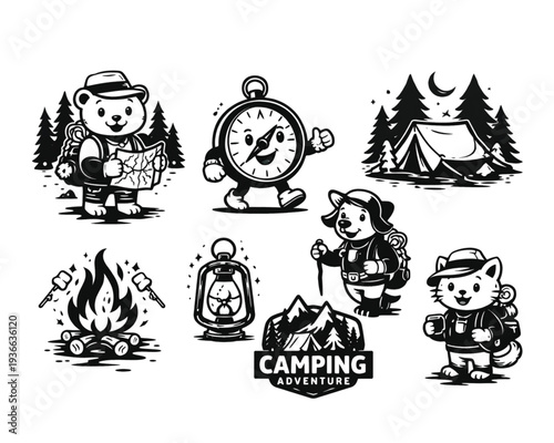 Camping cartoon characters and objects illustrations