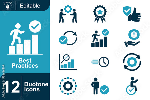 Best Practices Icons A Collection of 12 Duotone Icons Representing Workflow, Success, and Quality Standards for Business and Productivity