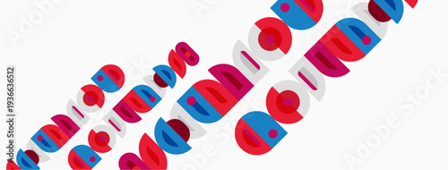 Abstract pattern features colorful circles, rectangles. Shapes overlap creating dynamic visual texture. Minimalist design, bright hues dominate composition.