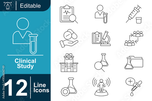 Clinical Study Icons Set - Medical Research, Laboratory Testing, Healthcare Diagnostics, Pharmaceutical Development, Scientific Discovery, and Patient Care