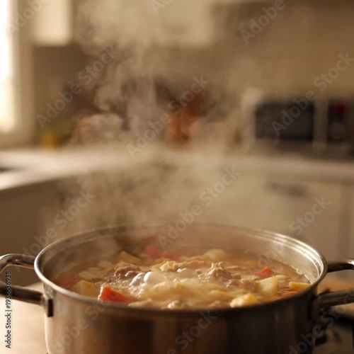 Pot of food boiling with steam rising in the kitchen