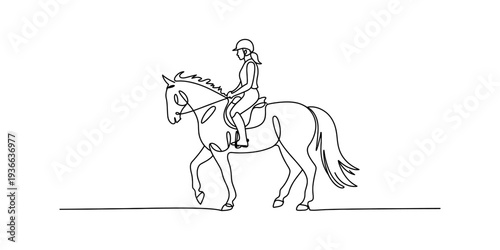 Equestrian Woman Riding Horse in Single Line Art Style, Minimalist Horseback Riding Illustration, Sport and Lifestyle
