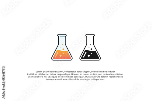 Erlenmeyer flask icons with orange and black liquid. Chemical reaction and science research concept