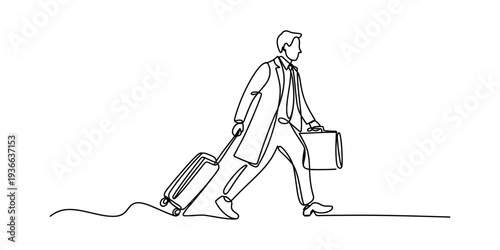 Businessman walking with rolling luggage and briefcase in minimalist single line art style, travel concept
