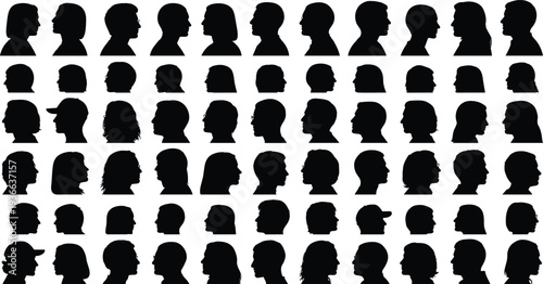 Vector illustration of diverse human head silhouettes with unique hairstyles, hats, glasses, arranged in large grid representing diversity and design