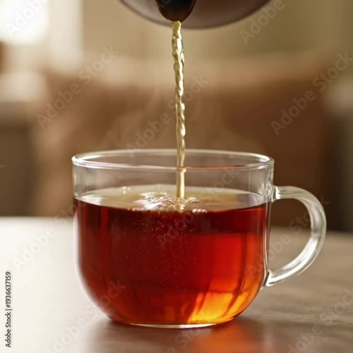 Tea being poured into a clear glass cup