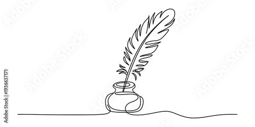 Minimalist One Line Drawing of a Feather Quill Pen in Inkwell, Writing History, Education, and Creativity Concept