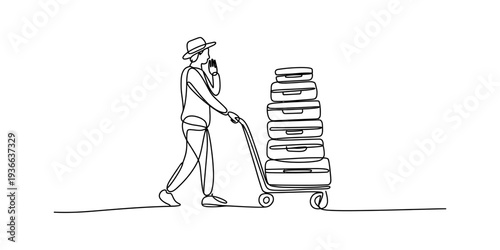 Single Line Drawing of a Person with Luggage on Cart, Travel Concept