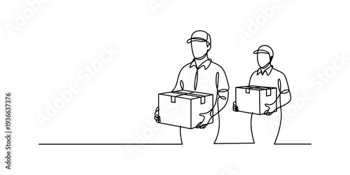 Delivery workers carrying packages, continuous line art illustration of shipping and logistics services with copy space.