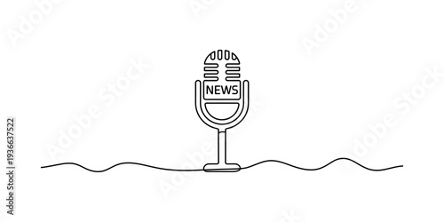 Retro Microphone with "NEWS" text, conveying audio broadcasting, podcasting, and information sharing in a simple line art style.