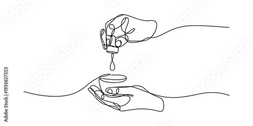 One Line Drawing Of Hands Pouring Liquid Droplet Into Small Bowl, Minimalist Continuous Line Art