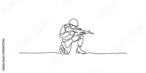 Single Line Drawing Soldier Kneeling Aiming Rifle, Minimalist Warrior Silhouette, Tactical Warfare Concept, Military Action Art