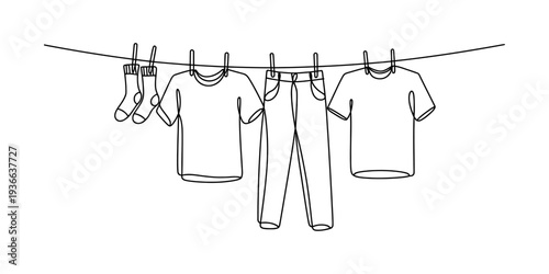 Minimalist Line Art: Clothes Drying on a Clothesline with Socks, T-shirt, and Jeans - Fresh Laundry Concept