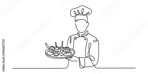Chef Presenting Appetizers: One Line Drawing of Culinary Expertise and Food Service, Minimalist Art Style