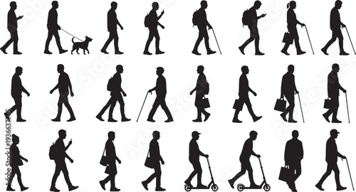 Black silhouettes of people walking set, pedestrians with dogs, scooters, canes and bags, isolated on white background, vector urban lifestyle
