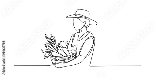 Farmer in Hat with Basket of Fresh Carrots, Minimalist One-Line Drawing, Organic Harvest Concept