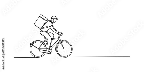 Delivery Person Riding Bicycle with Insulated Box Backpack, One Line Drawing Style, Urban Delivery Concept