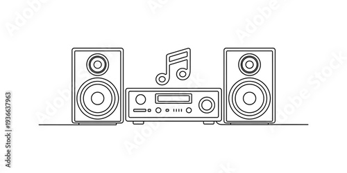 Minimalist Line Art Audio System: Stereo Receiver and Speakers with Music Note Icon