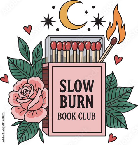 Slow burn book club vintage matchbox illustration with pink rose, burning matchstick, crescent moon, stars and hearts, isolated vector design