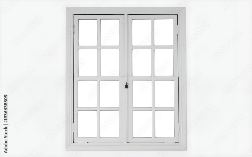 Fototapeta premium An open wooden window frame set in a white exterior wall of an old house reveals a detail of the interior room under the bright sky