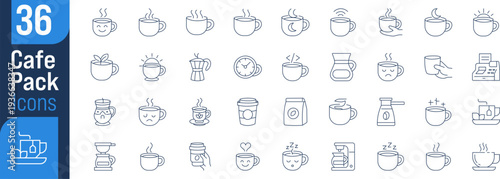 36 Cafe Coffee Line Icons Set – Barista, Cup, Mug, Coffee Machine, Brewing, Espresso, Latte, Coffee Shop Equipment Outline Vector Icons Pack for Cafe Menu, Restaurant, Web, App and UI Design