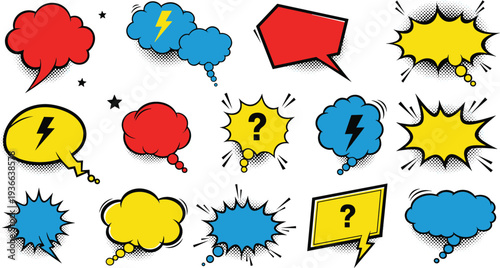 Comic speech bubble collection vector set colorful pop art dialogue clouds with lightning symbols question marks cartoon design