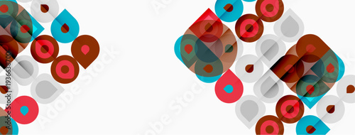 Abstract geometric pattern. Circles, squares overlap creating modern design. Red, teal, gray hues dominate composition. Minimalist aesthetic.