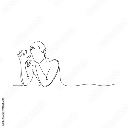 Abstract line art depicts a person with a hand near their face