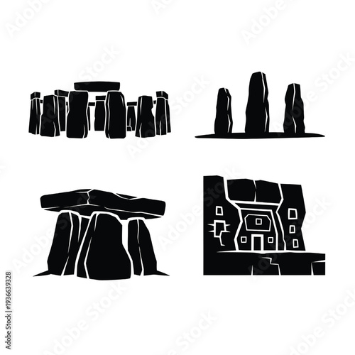 Four distinct prehistoric or ancient monument stone structure silhouettes feature Stonehenge, dolmens, and rock dwellings.