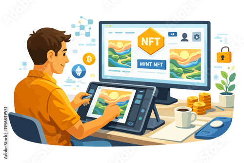 Caucasian male adult creating digital art for nft on tablet in modern office setting.